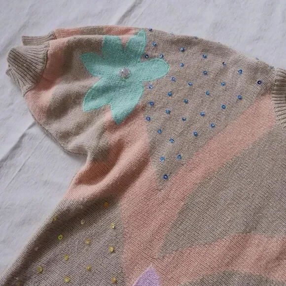 Sweet 80s floral intarsia sequined longline sweater‎ - Picture 5 of 8